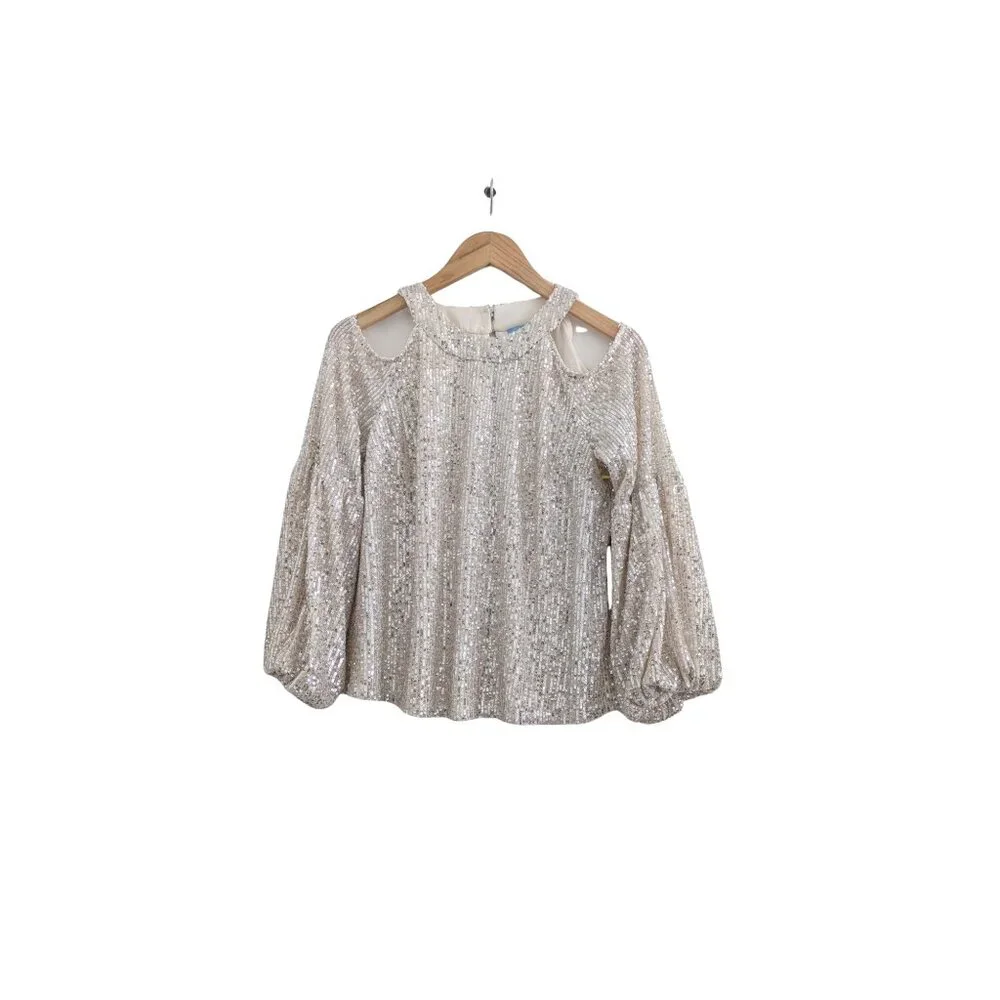 CeCe Sequin Cold Shoulder Blouse Champagne Gold Size S NWT - Picture 2 of 5